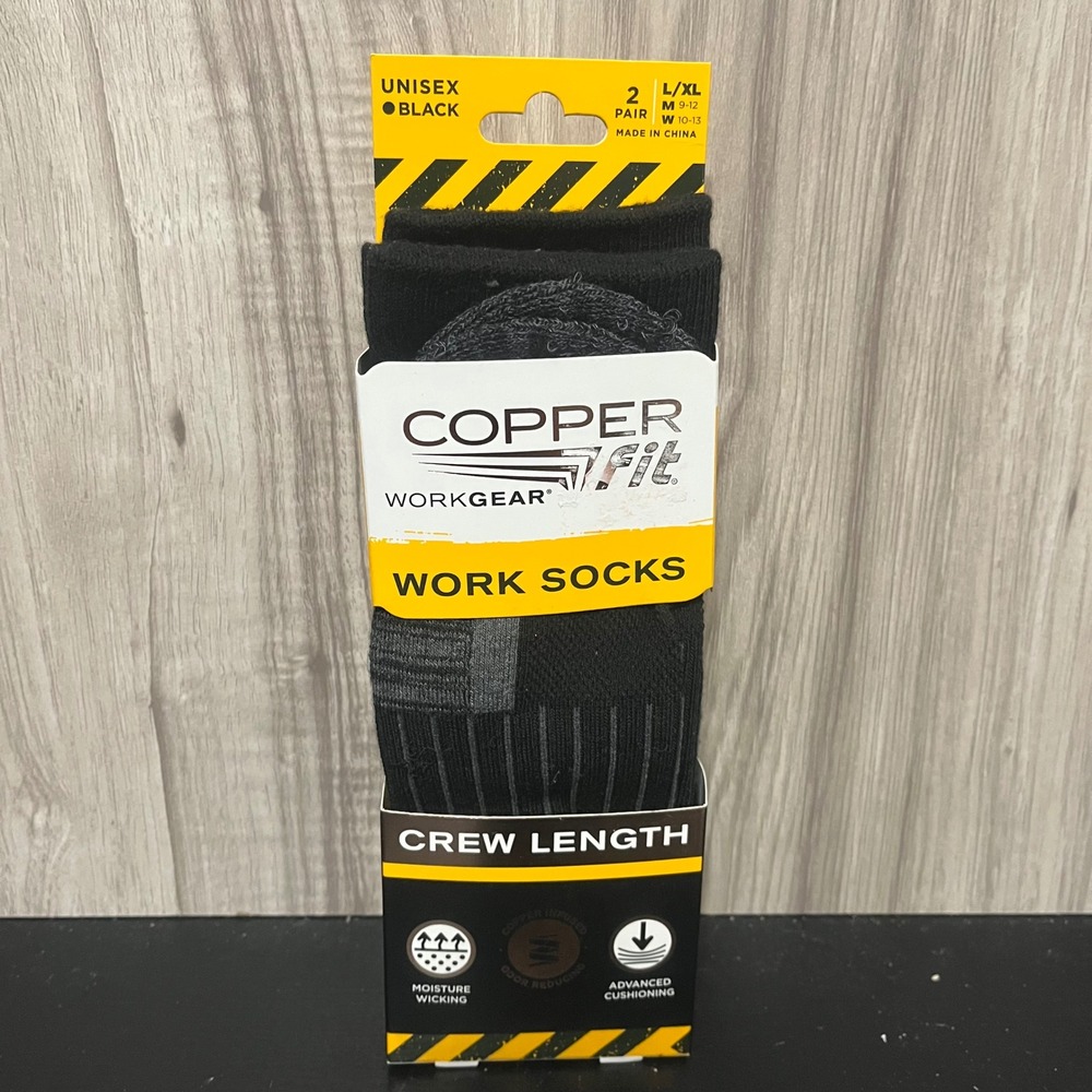 2 Pair Copper Fit Crew Length Work Socks Size L/XL (M 9-12 W 10-13) Black Socks